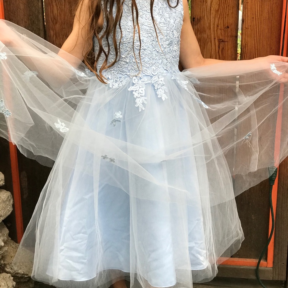 Icy blue satin and tulle princess dress ❄️